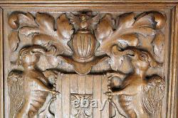 Antique wood carved wall panel coat of arms knight mythological dragons rare