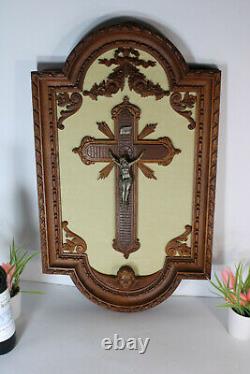 Antique xl French wood carved crucifix panel putti angel Rare religious