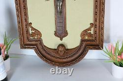 Antique xl French wood carved crucifix panel putti angel Rare religious