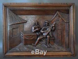 Architectural 19th. C Carved Oak Wood Wall Panel of Breton Men Playing Music