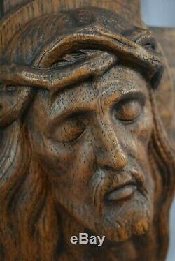 Art Deco Carved Wood Holy Face of Jesus Sculpture Carving Wall Panel by E Morlet