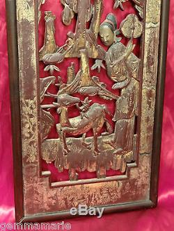 Art deco Oriental wood carved panel Plaque of Lady with deer tree Museum Quality