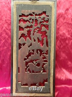 Art deco Oriental wood carved panel Plaque of Lady with deer tree Museum Quality