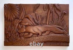 Arthur Hopper Vintage Art Deco Carved Wood Panel Jungle Jaguar