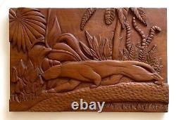Arthur Hopper Vintage Art Deco Carved Wood Panel Jungle Jaguar