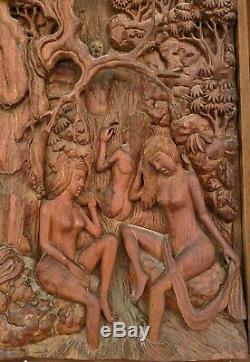 Asian Antique EROTICA 3D Pierce Carved Mahagony SCULPTURE PANEL Hedonistic NUDES