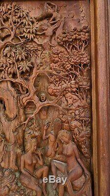 Asian Antique EROTICA 3D Pierce Carved Mahagony SCULPTURE PANEL Hedonistic NUDES