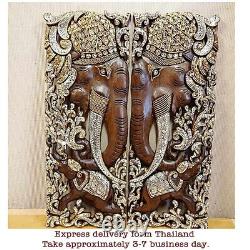 Asian Carved Wood Wall Art Elephant Decor Panel Hanging 13.7 X 35.4 X 0.98