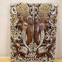 Asian Carved Wood Wall Art Elephant Decor Panel Hanging 13.7 X 35.4 X 0.98