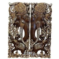 Asian Carved Wood Wall Art Elephant Decor Panel Hanging 13.7 X 35.4 X 0.98