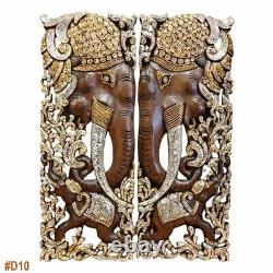 Asian Carved Wood Wall Art Elephant Decor Panel Hanging 13.7 X 35.4 X 0.98