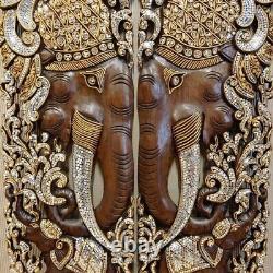 Asian Carved Wood Wall Art Elephant Decor Panel Hanging 13.7 X 35.4 X 0.98