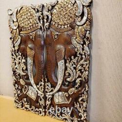 Asian Carved Wood Wall Art Elephant Decor Panel Hanging 13.7 X 35.4 X 0.98