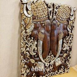 Asian Carved Wood Wall Art Elephant Decor Panel Hanging 13.7 X 35.4 X 0.98