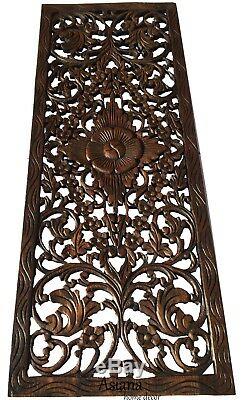 Asian Carved Wood Wall Decor Panel. Floral Wood Wall Art. Brown 35.5x13.5