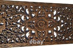 Asian Carved Wood Wall Decor Panel. Floral Wood Wall Art. Brown 35.5x13.5