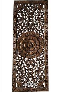 Asian Carved Wood Wall Decor Panel. Floral Wood Wall Art. Dark Brown 35.5x13.5