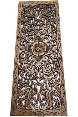 Asian Carved Wood Wall Decor Panel. Leaf Floral Wood Wall Art. Brown 35.5x13.5