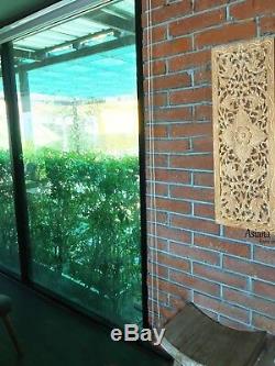 Asian Carved Wood Wall Decor Panel. Leaf Floral Wood Wall Art. Brown 35.5x13.5