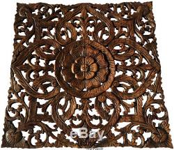 Asian Carved Wood Wall Decor Plaque. Floral Wood Wall Art Panel. Brown 24