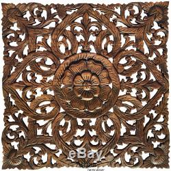 Asian Carved Wood Wall Decor Plaque. Floral Wood Wall Art Panel. Brown 24