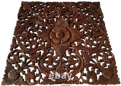 Asian Carved Wood Wall Decor Plaque. Floral Wood Wall Art Panel. Dark Brown 24