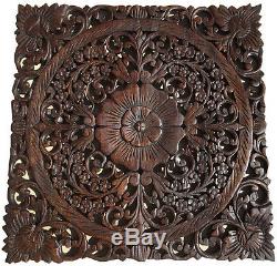 Asian Carved Wood Wall Decor Plaque. Floral Wood Wall Art Panel. Espresso 24