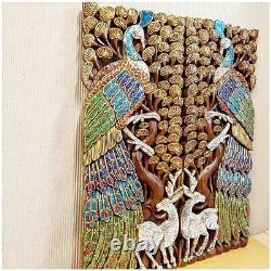 Asian Carved Wood Wall Thai Art Decor Panel Color 13.7 X 35.4 X 0.98