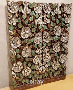 Asian Decor Panel Hang Carved Wood Wall Art Decorative Glass 13.7X35.4X0.98