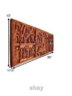 Asian Deity Heavy Hand Carved Wood Panel Vintage Wall Decor