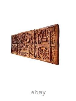 Asian Deity Heavy Hand Carved Wood Panel Vintage Wall Decor