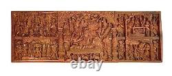 Asian Deity Heavy Hand Carved Wood Panel Vintage Wall Decor