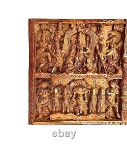 Asian Deity Heavy Hand Carved Wood Panel Vintage Wall Decor