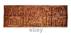 Asian Deity Heavy Hand Carved Wood Panel Vintage Wall Decor