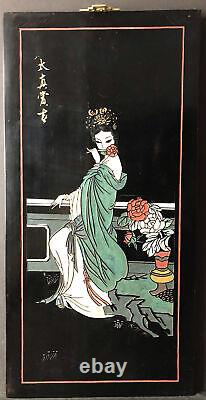 Asian Lacquered & Carved Wood Panel Woman with Flowers