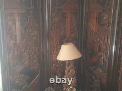 Asian antique hand carved 4 panel wooden Room divider / Privacy screen
