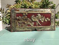 B21. Antique Carved Gold Gilt Wood Panel with Birds and Flower