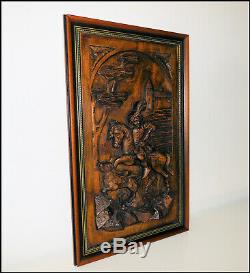 BLACK FOREST Large Deep Carved Wood Door Panel Hunting scene wild. Gothic