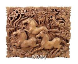 Bali Balinese Indonesian Hand Carved Wood Relief Wall Panel Sculpture Art Horses