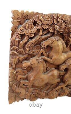 Bali Balinese Indonesian Hand Carved Wood Relief Wall Panel Sculpture Art Horses