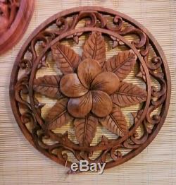 Bali Carved Frangipani Plumeria Flower Round Wood Panel Healing Eternal Health