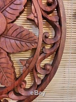 Bali Carved Frangipani Plumeria Flower Round Wood Panel Healing Eternal Health
