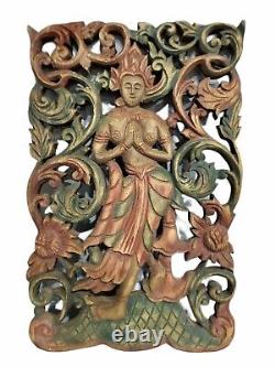 Bali Goddess Wall Panel Indonesian Hand Carved Wood Relief Sculpture Teak Hindu