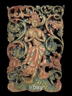 Bali Goddess Wall Panel Indonesian Hand Carved Wood Relief Sculpture Teak Hindu