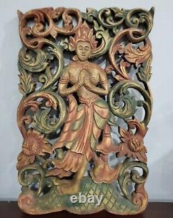 Bali Goddess Wall Panel Indonesian Hand Carved Wood Relief Sculpture Teak Hindu