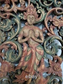 Bali Goddess Wall Panel Indonesian Hand Carved Wood Relief Sculpture Teak Hindu