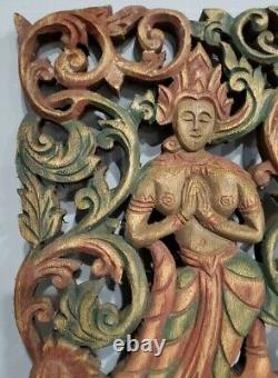 Bali Goddess Wall Panel Indonesian Hand Carved Wood Relief Sculpture Teak Hindu