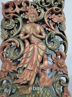 Bali Goddess Wall Panel Indonesian Hand Carved Wood Relief Sculpture Teak Hindu