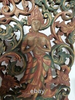 Bali Goddess Wall Panel Indonesian Hand Carved Wood Relief Sculpture Teak Hindu