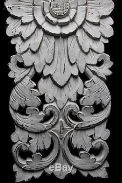 Bali Lotus Architectural Panel Carved Wood Relief Whitewashed Art Wall 40